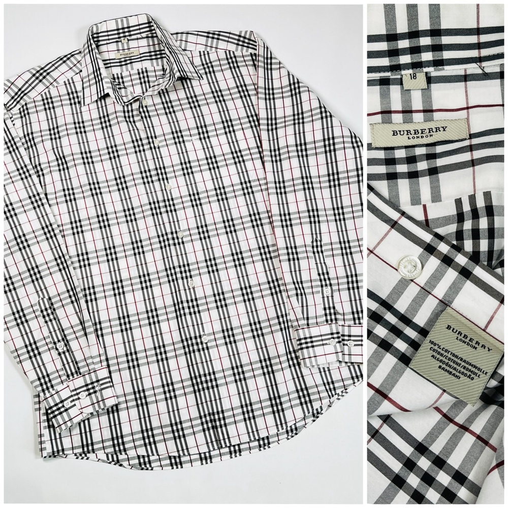 Burberry Mens Shirt Button-Up Shirt Size L White Black Burgundy Plaid 18